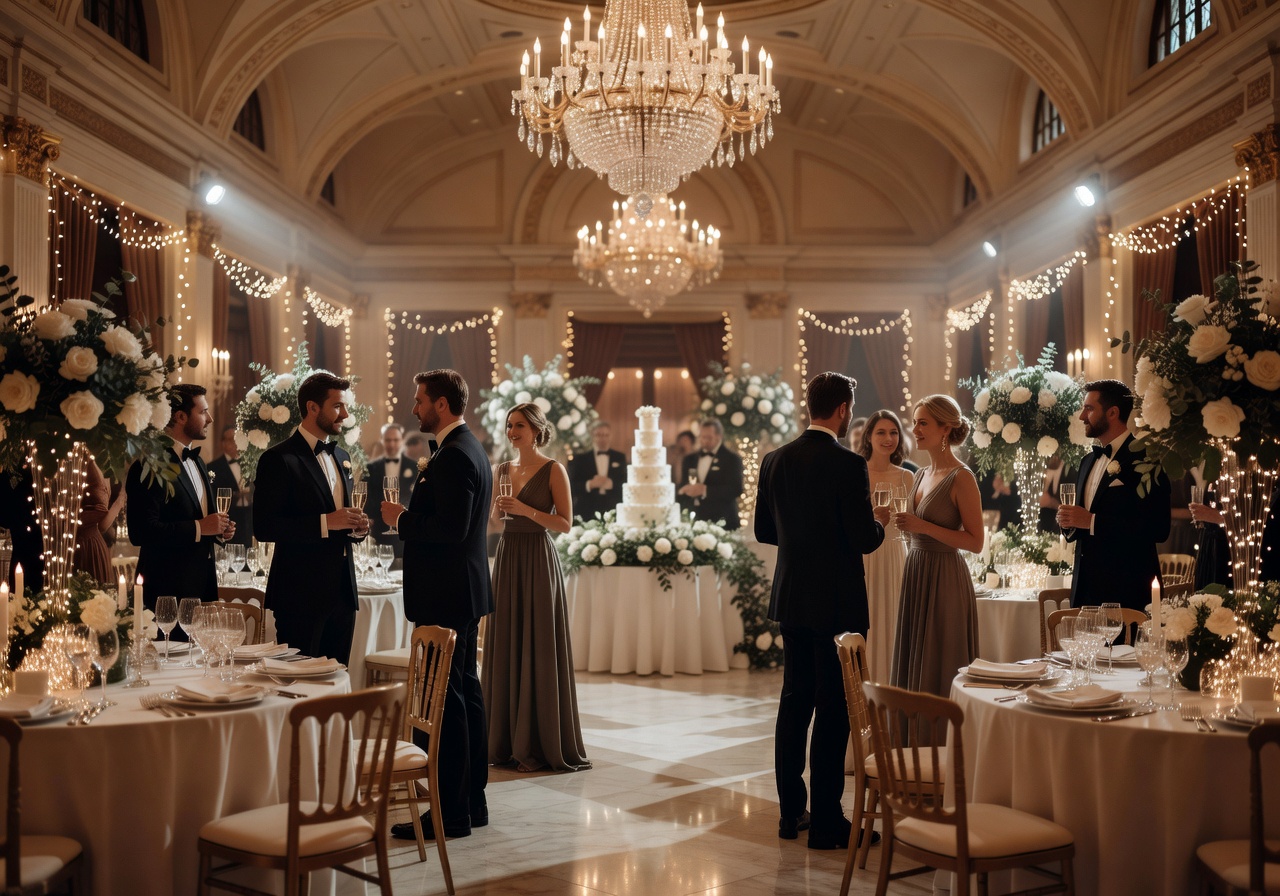 Grand indoor wedding reception with elegant lighting