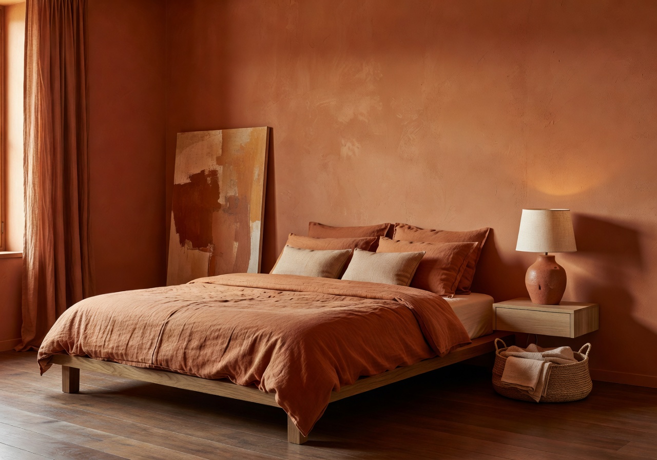 Warm terracotta aesthetic bedroom staging